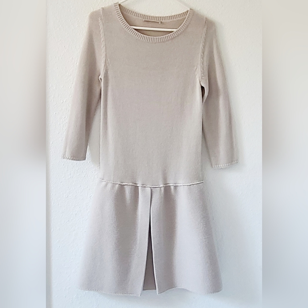 Wool soft dress drop waist with structured pleat knit dress
